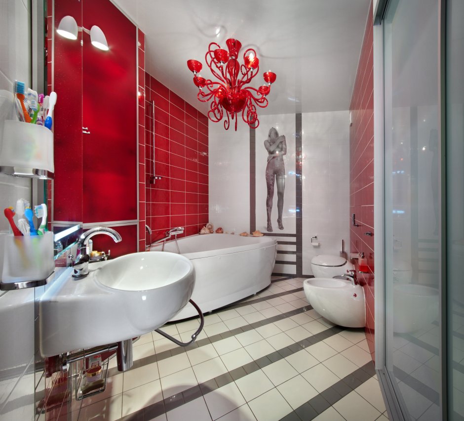 Дизайн квартиры с красной плиткой в ванной комнате