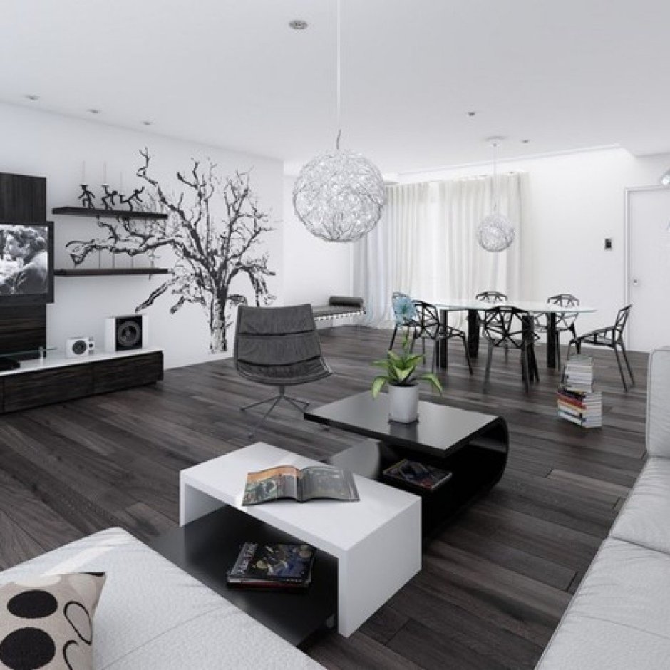 Гостиная комната в современном стиле черно белая