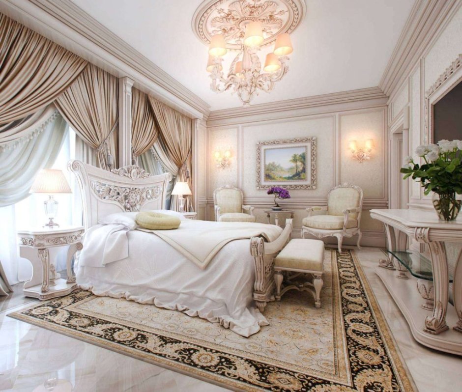 Роскошные спальни в классическом стиле в светлых