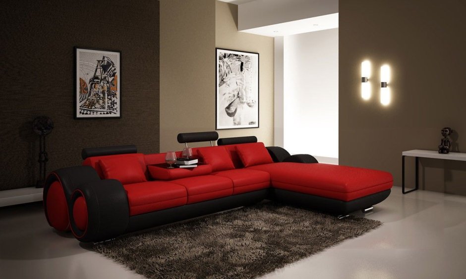 Красный угловой диван в интерьере