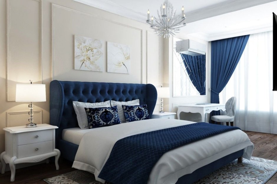 Спальни в синих тонах в стиле Неоклассика