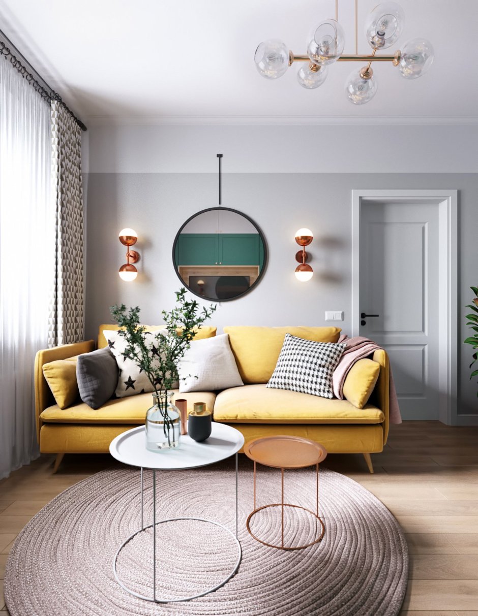 Жёлтый диван в скандинавском интерьере