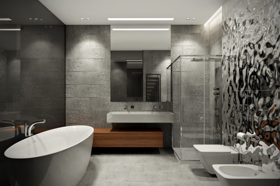 Красивый интерьер ванны в серых тонах