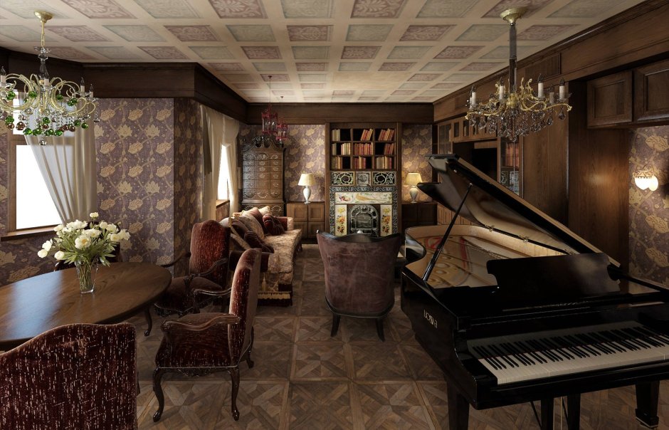 Гостиная с роялем в классическом стиле