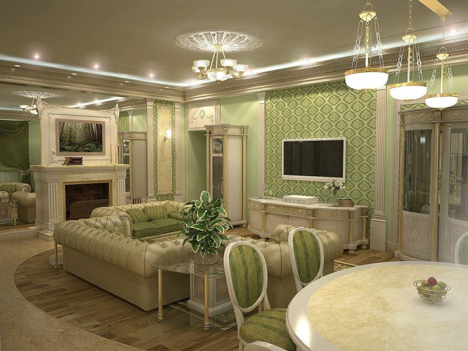 Гостиная в зеленых тонах в классическом стиле