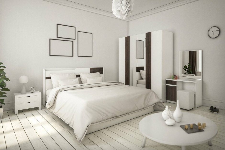 Белая спальня с белой мебелью интерьер