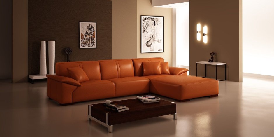 Оранжевый кожаный диван в интерьере