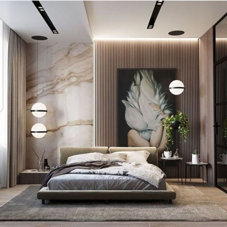 Спальня в современном стиле с мрамором