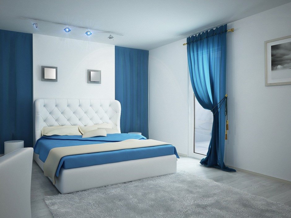 Синие шторы в спальне