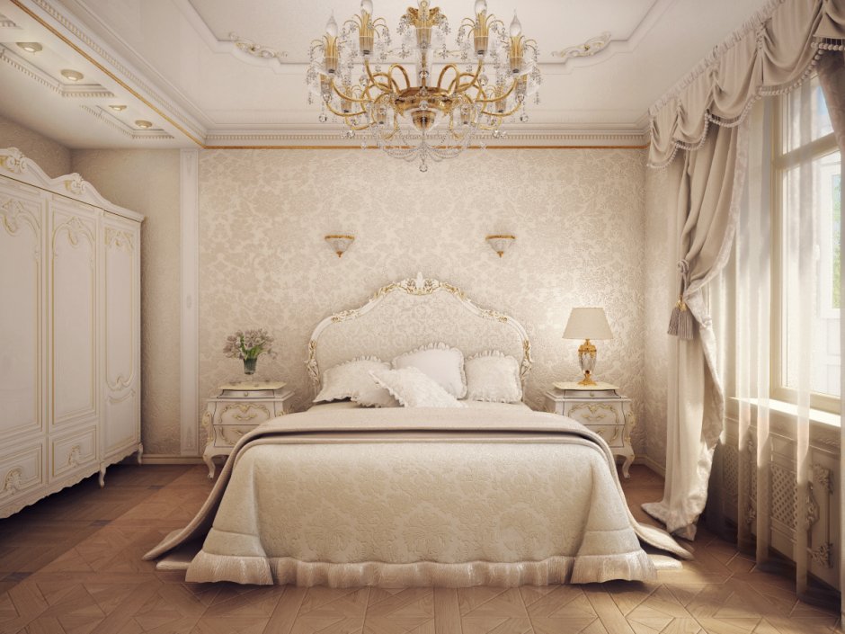 Спальня в классическом стиле в светлых тонах 12м2