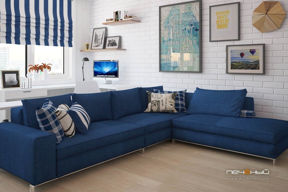 Гостиная в голубых тонах с угловым диваном