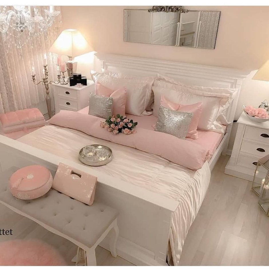 Спальни белый бежевый розовый