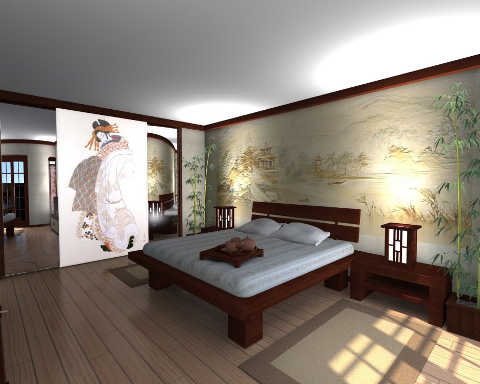 Спальня в японском стиле светлая