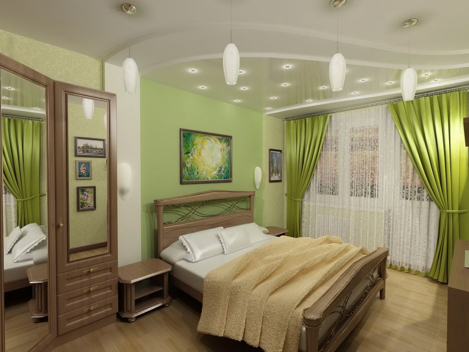 Бежево зеленая спальня