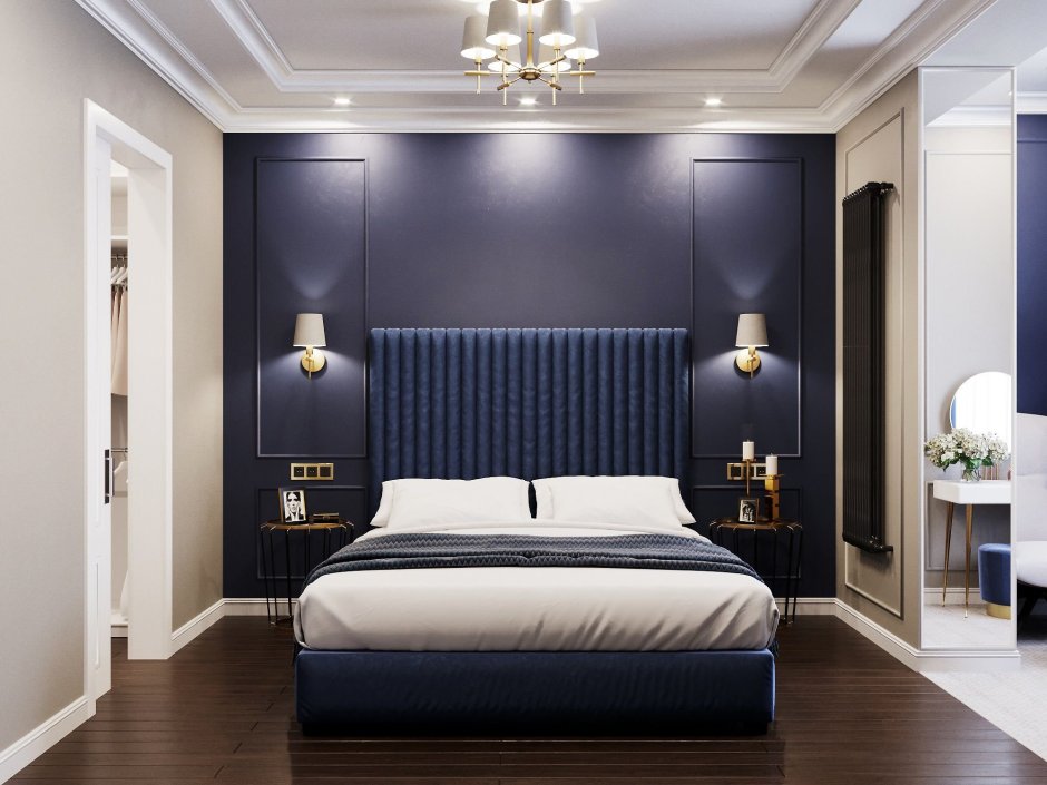 Спальня в классическом стиле в синем цвете
