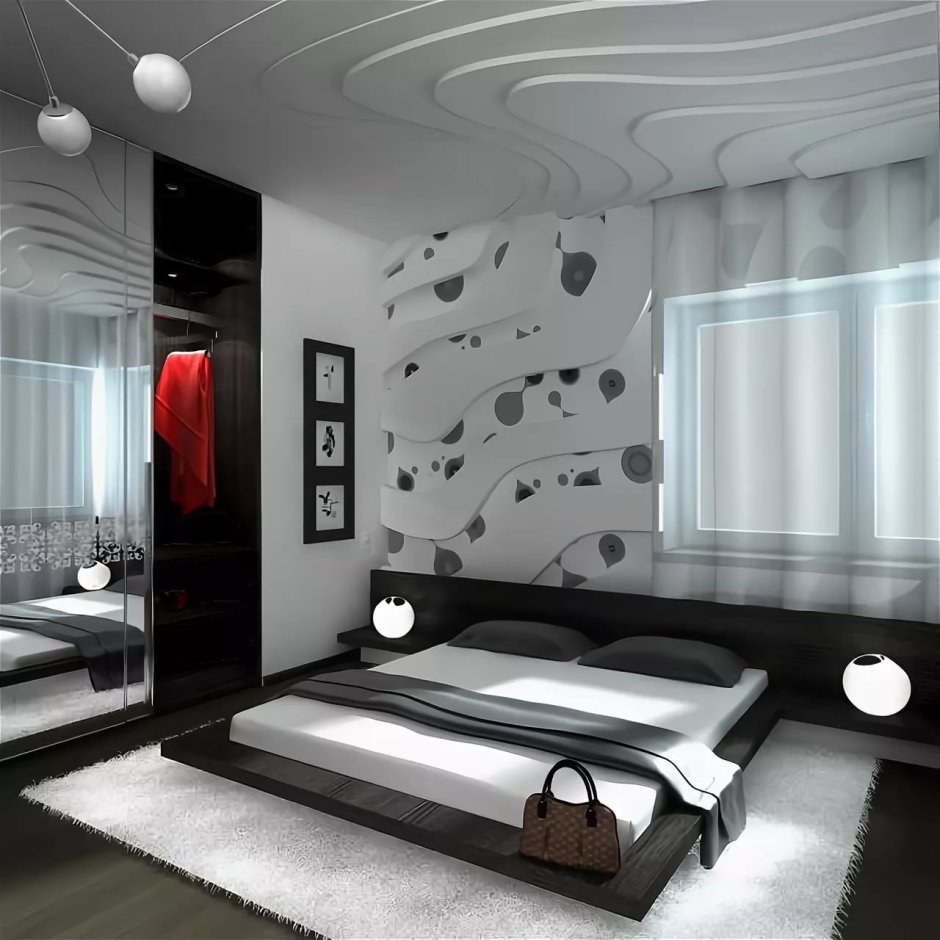Спальня с хорошим ремонтом черно-белые тона