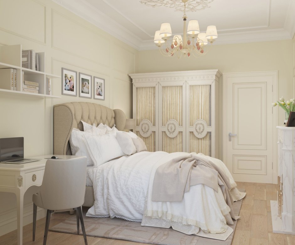 Шторы для светлой спальни со светлой мебелью в классическом стиле