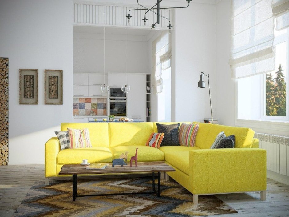 Сканди гостиная с желтым диваном