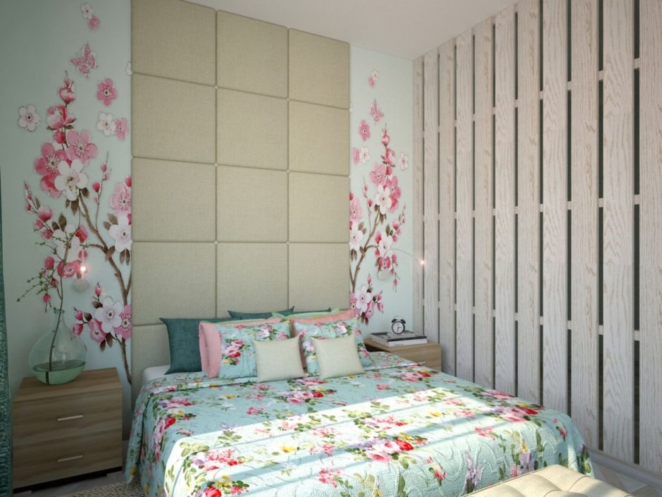 Обои с сакурой для стен в интерьере спальни дизайн