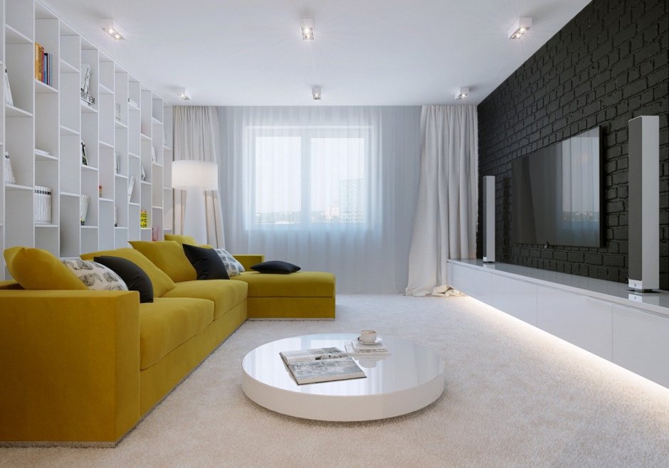 Желтый диван в белой гостиной