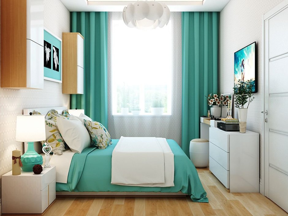 Спальная комната в скандинавском стиле в бирюзовых оттенках