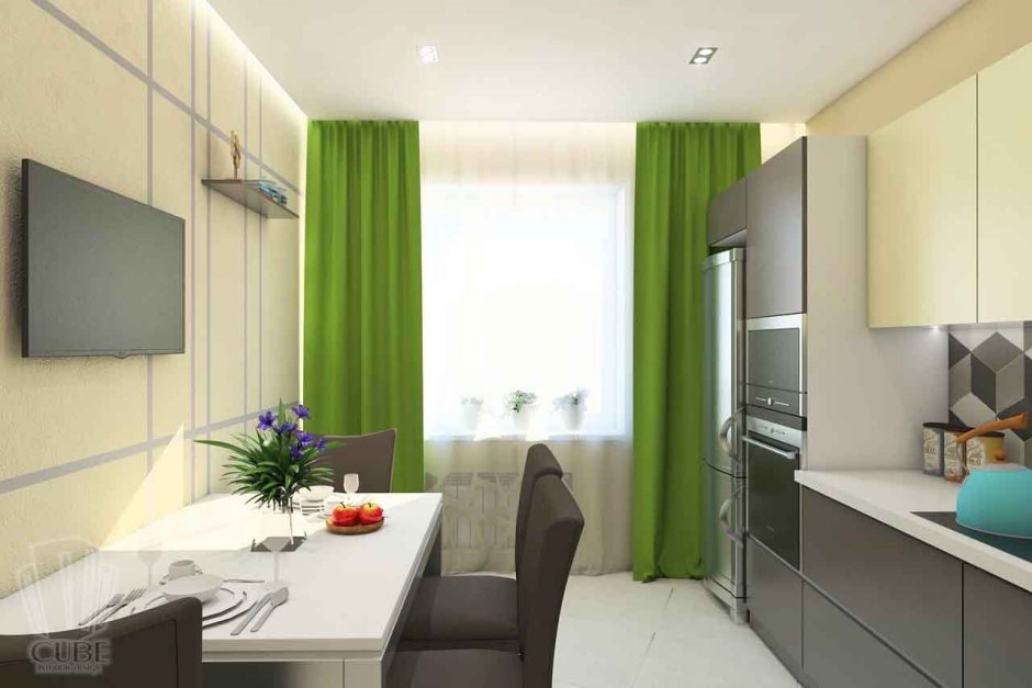 Интерьер кухни в квартире с зелеными шторами