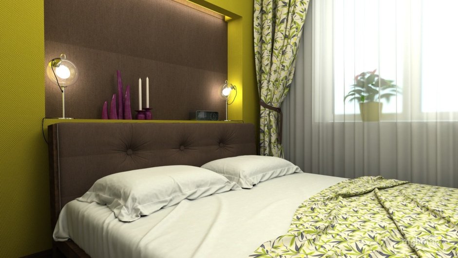 Коричневая кровать и зеленые шторы