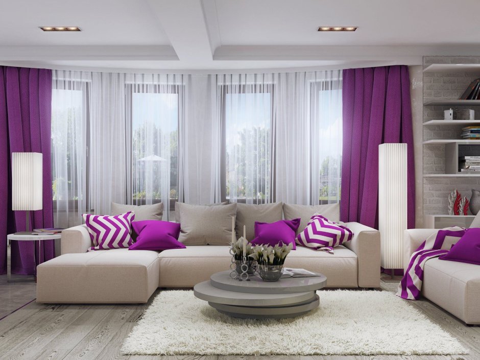 Серый диван и фиолетовые шторы