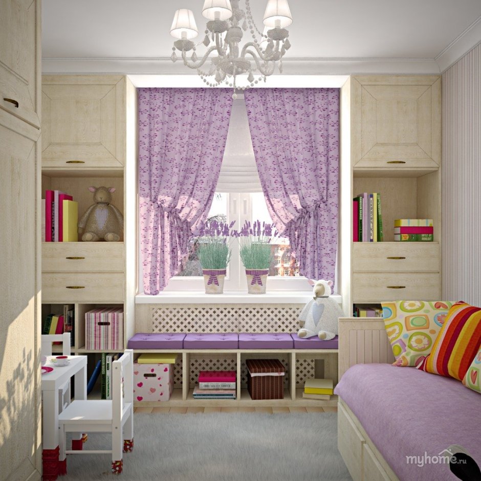 Детская комната для девочек с 2 окнами