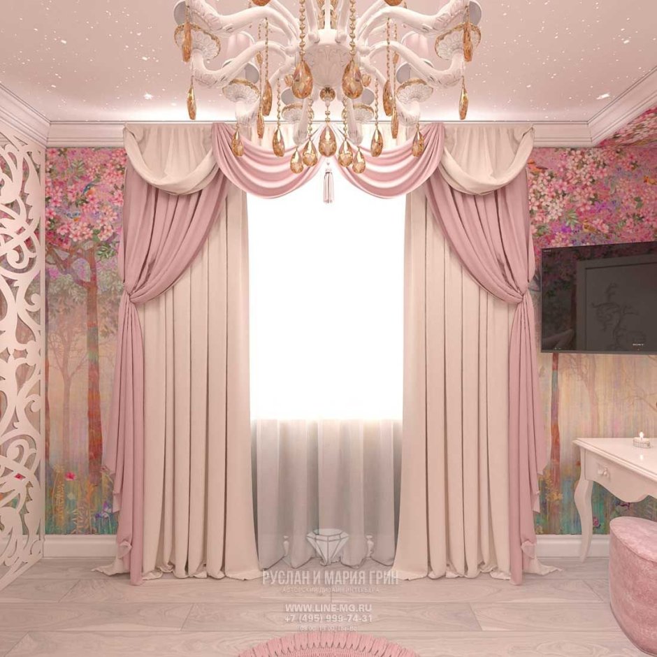 Красивые шторы в гостиную розовые