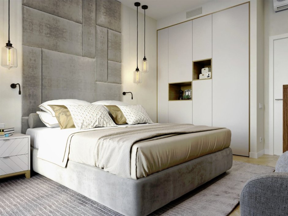 Спальня в минималистическом стиле в бежевых оттенках