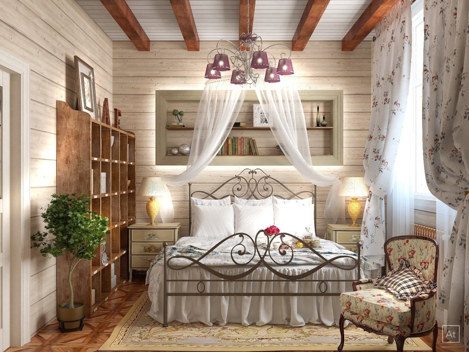 Спальни в бревенчатом доме в стиле Кантри,Прованс