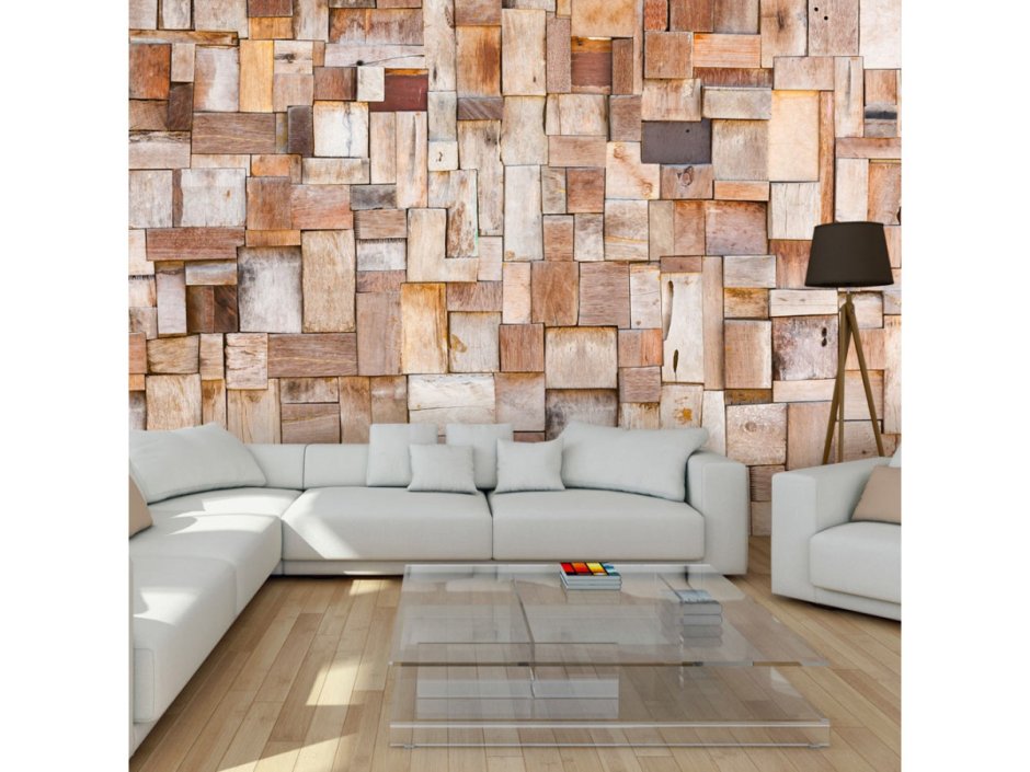 Деревянная мозаика для стен в интерьере в гостиной