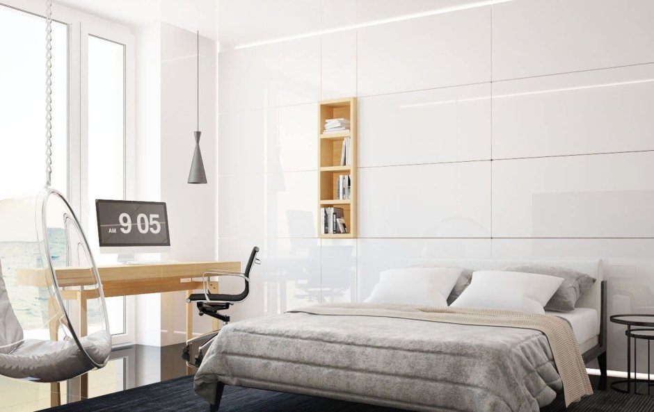 Спальня в минималистическом стиле с рабочим местом