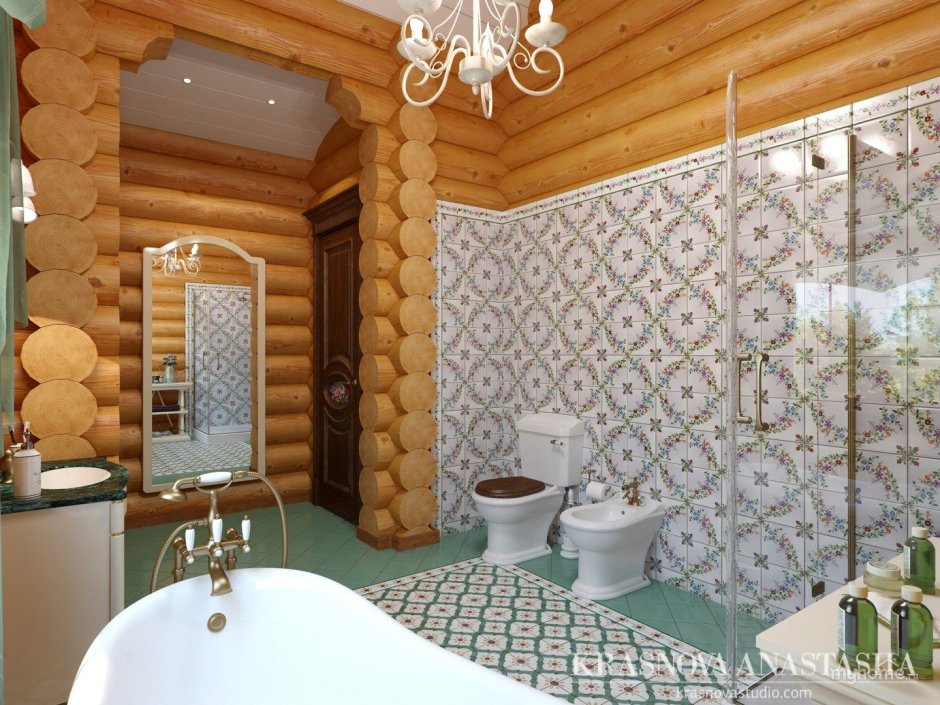 Плитка в ванной в бревенчатом доме