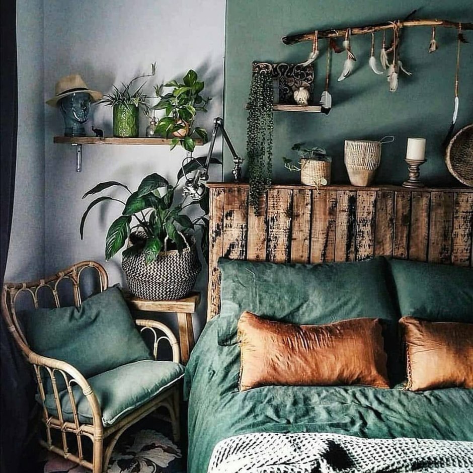 Сканди бохо спальня зеленая
