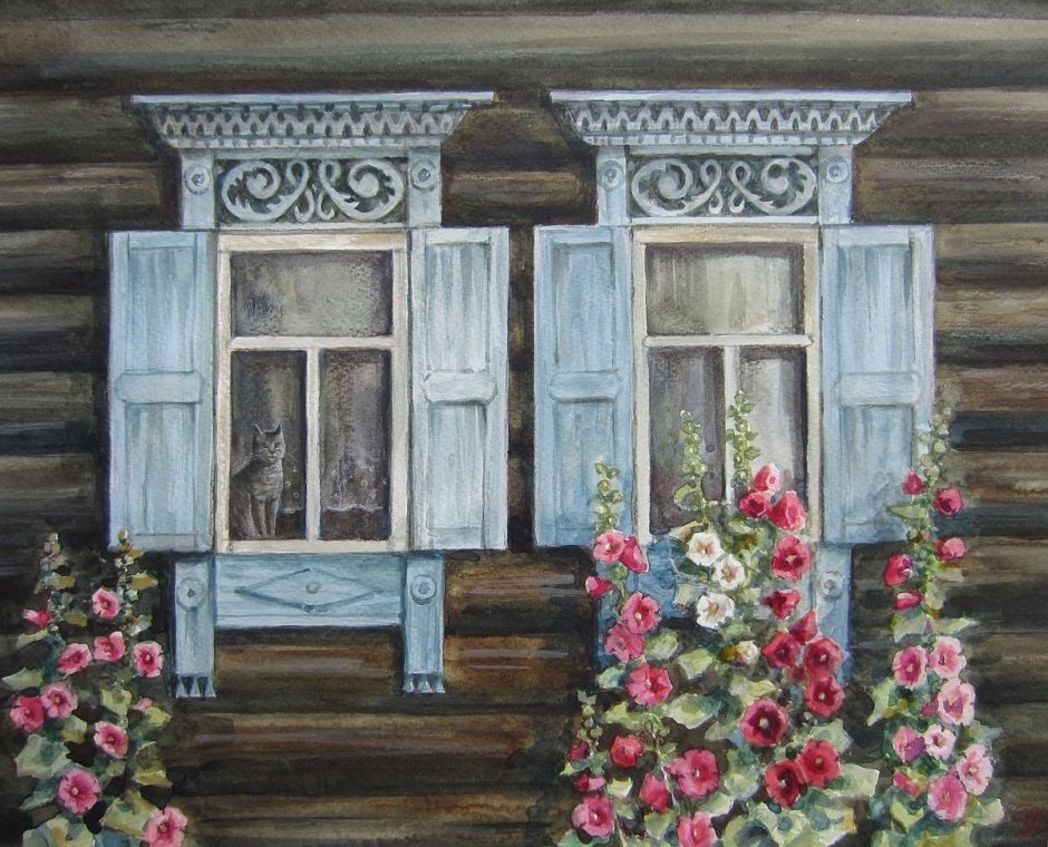 Деревенские окна с наличниками