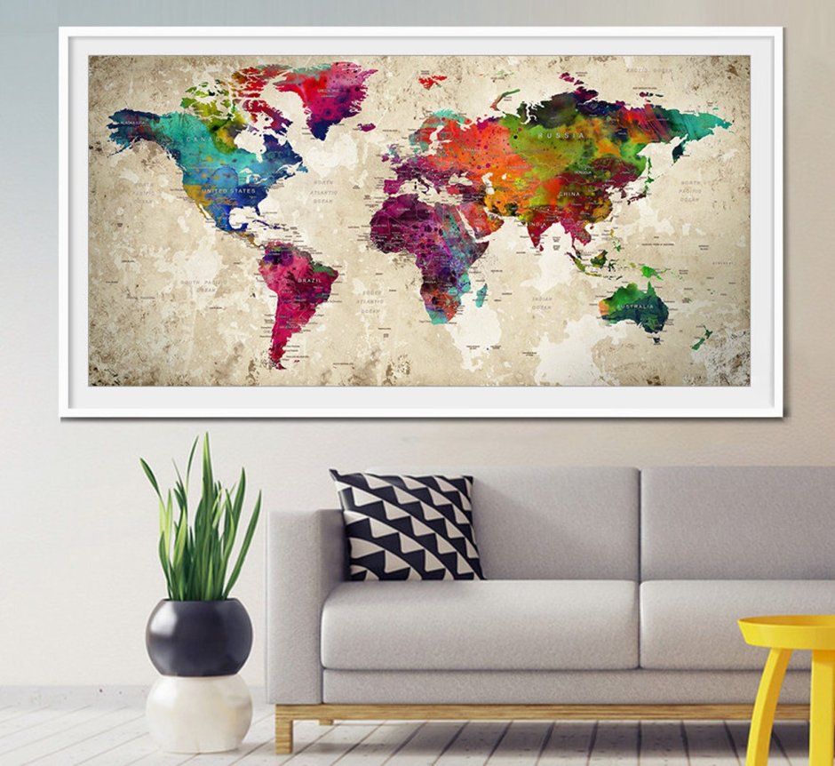 Картины карта мира в интерьере