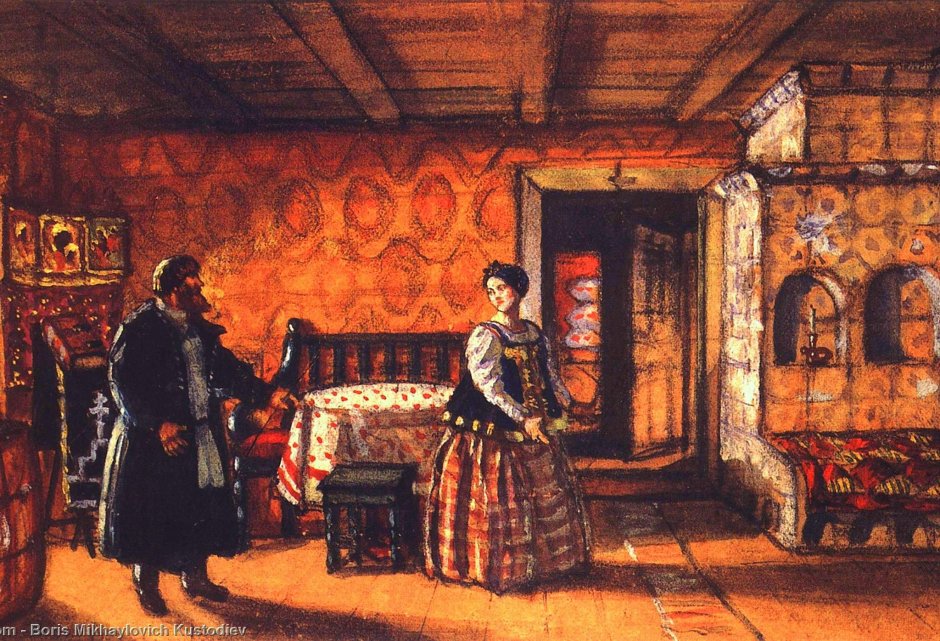 Кустодиев Борис Михайлович картина комната в доме Прокофия Пазухина