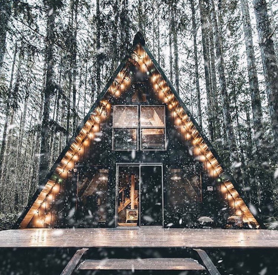 Треугольный дом в лесу зимой