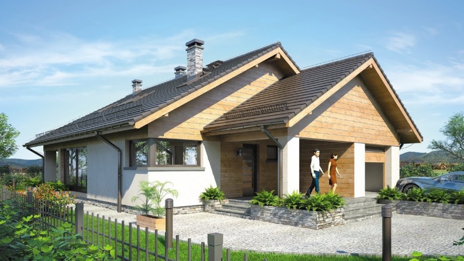 Одноэтажный дом с двускатной крышей