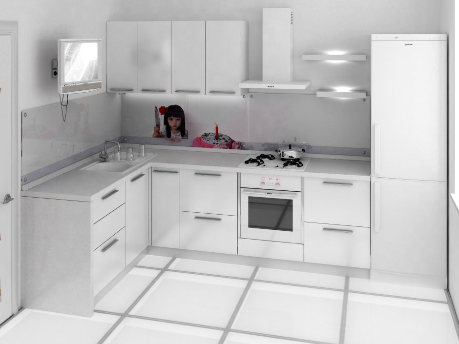Угловая кухня в белом цвете