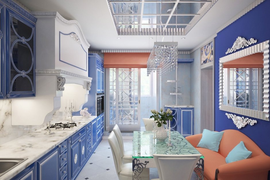 Синяя кухня в неоклассическом стиле