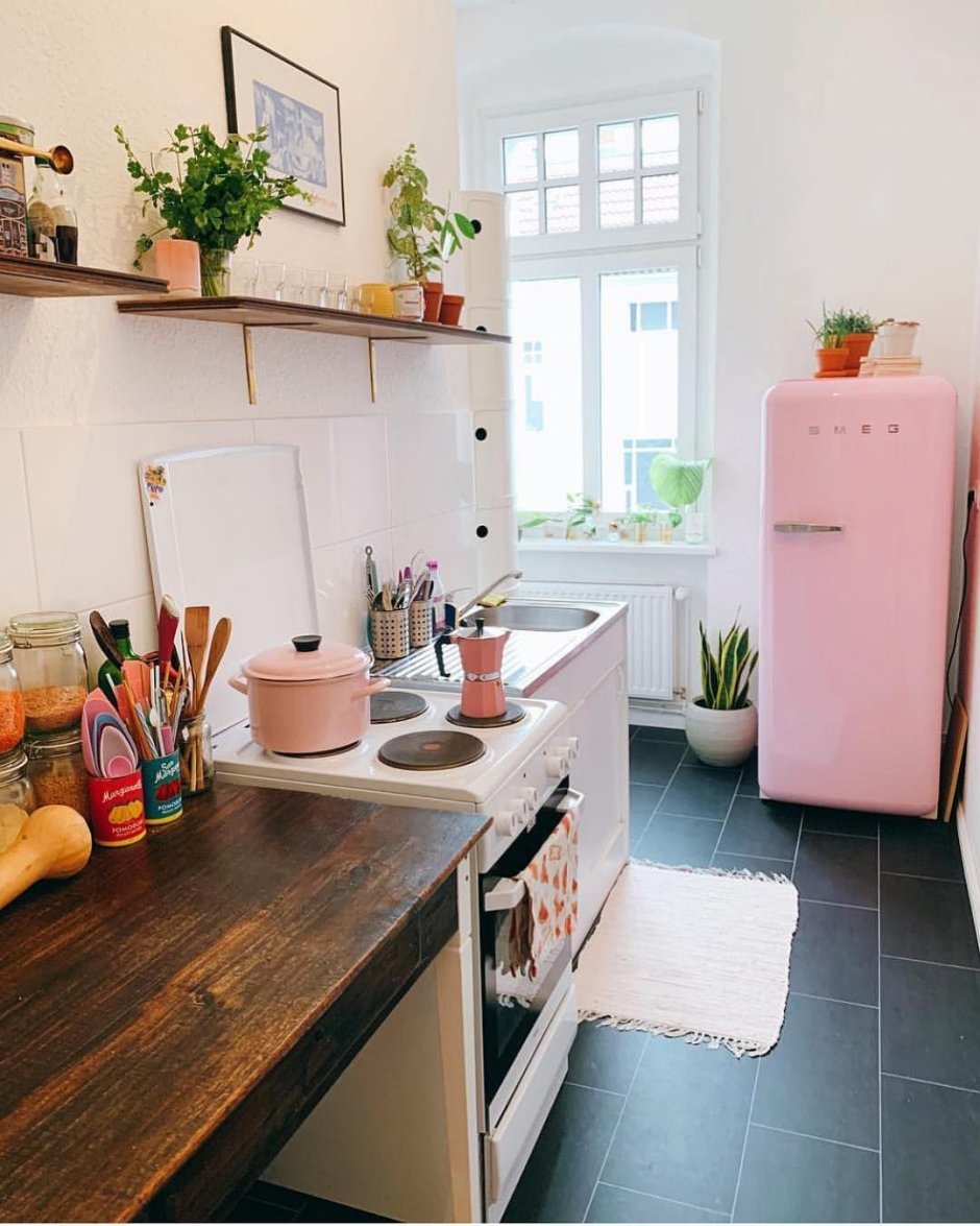 Small Boho Kitchen with Red Fridge