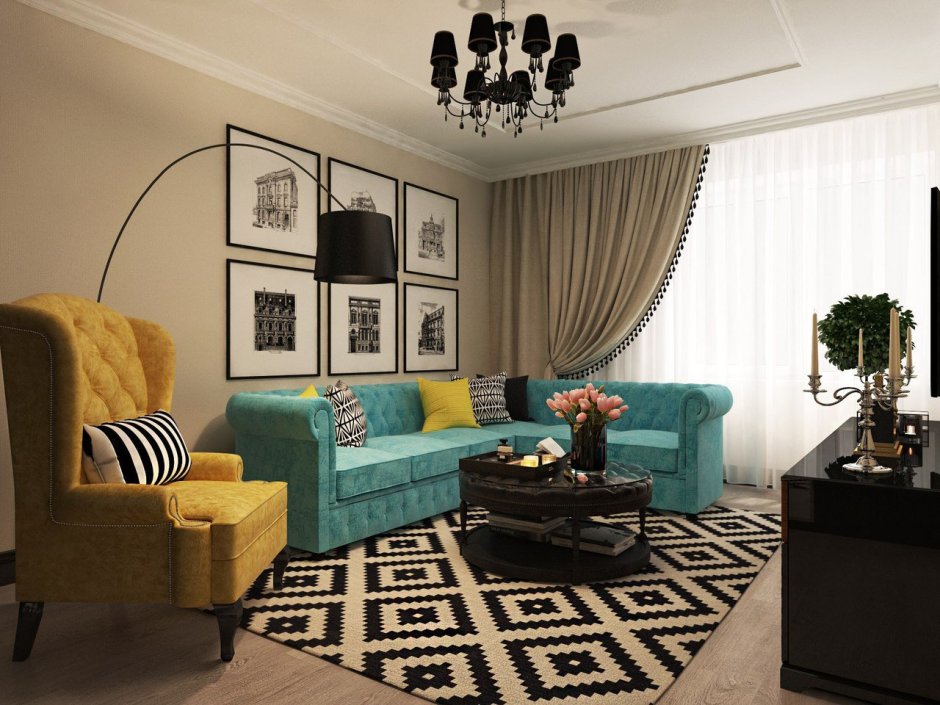 Интерьер гостиной желтый диван бирюзовый