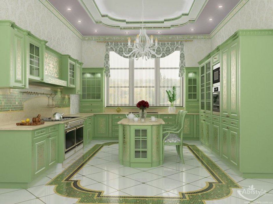 Салатовая кухня в классическом стиле