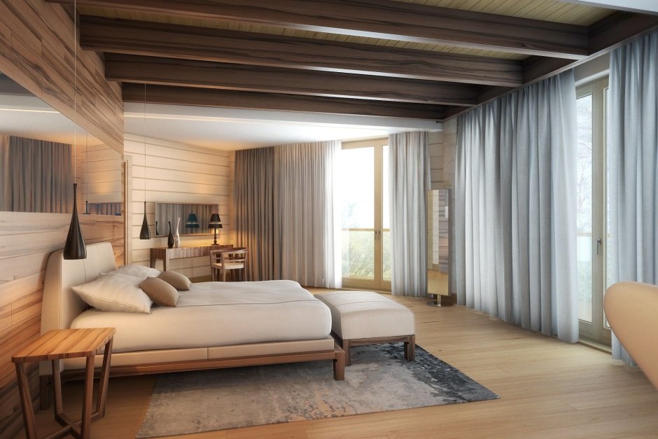 Спальня в доме из клееного бруса в современном стиле