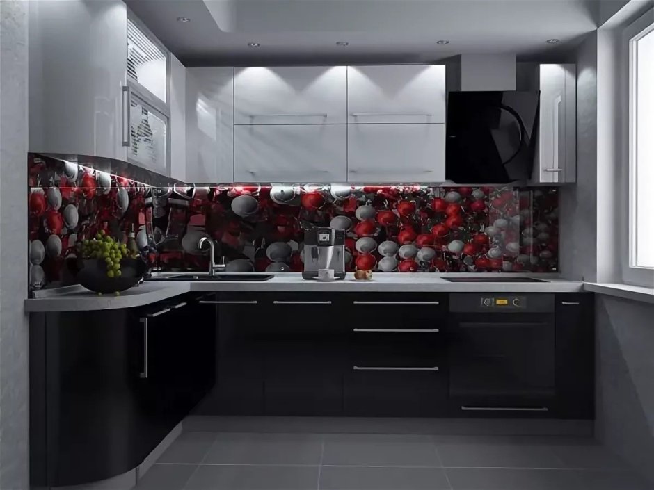 Черно белая кухня с красным фартуком
