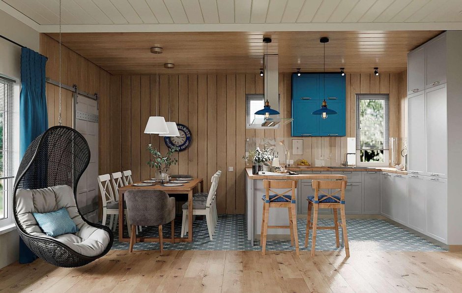Интерьер кухни в загородном доме в скандинавском стиле