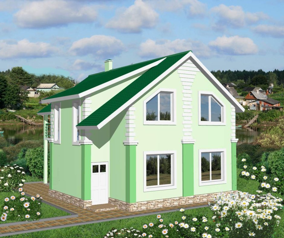 Двухэтажный дом с зеленой крышей